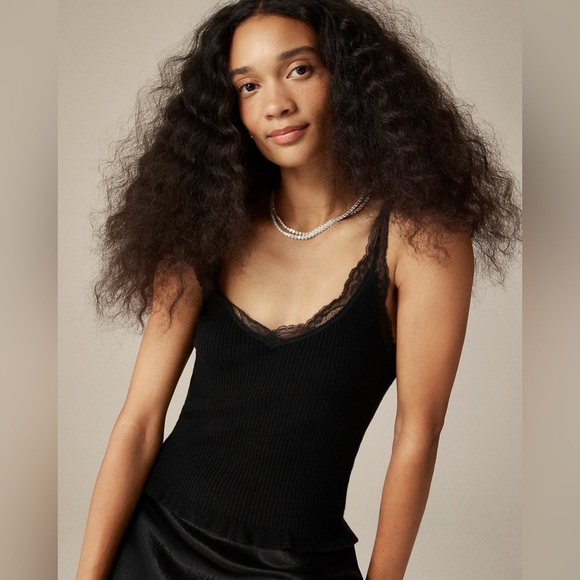 J. Crew Tops - JCrew Lace-Trim Ribbed Y2K Tank Top Bottom Ruffles Black‎ Classic size M